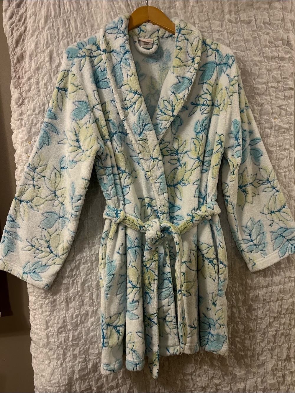 Charlotte: Plush Floral Robe - Blue & Pale Green, Pockets, Belted, Size: L
